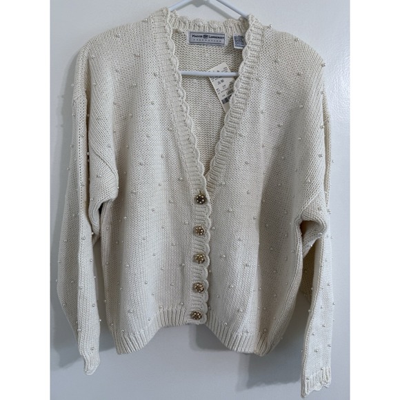 Vtg Knit Cardigan Retro Academia Granny Sweater Cottage Shabby Pearls Large - Picture 5 of 16